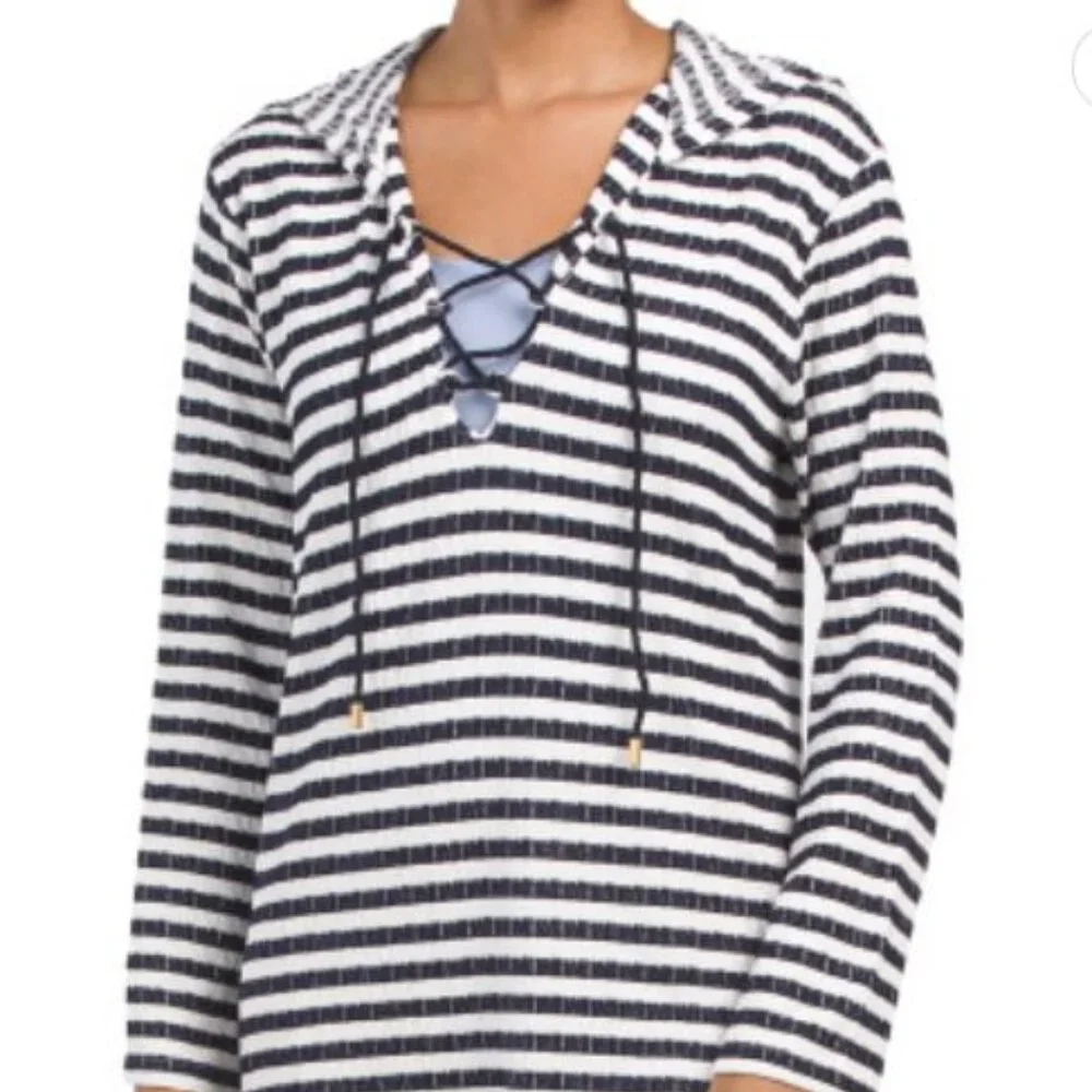 NWT LA BLANCA Static Stripe Hooded V-neck Cover-up Dress Size XS